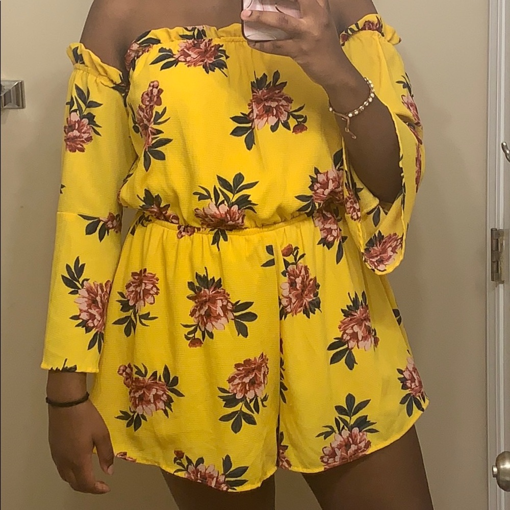 Yellow Off the Shoulder Floral Romper